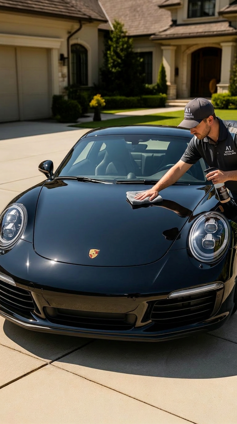 Premium mobile detailing — white Porsche 911 covered in foam being washed in a sunny driveway
